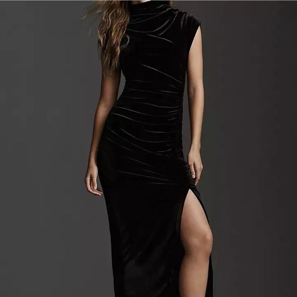 ANTHROPOLOGIE RUCHED COWL NECK VELVET DRESS
